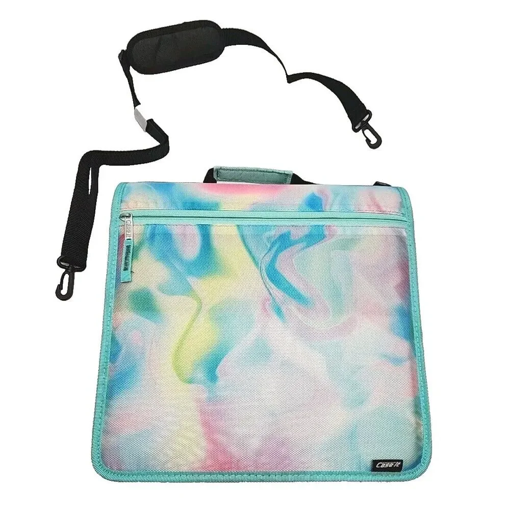 Case It The Mighty Zip Tab 3-Ring Binder Notebook Bag Pink Blue Swirl Strap NEW